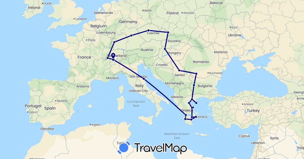 TravelMap itinerary: driving in Bulgaria, Switzerland, Czech Republic, Germany, France, Greece, Hungary, Italy, Romania, Serbia (Europe)